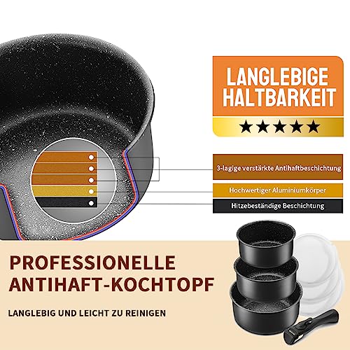Fadware Kochtopf Set 7 tlg | 16+18+20 cm | 1 abnehmbarer Griff und 3 PE-Dichtungsdeckel | Induktion Kasserolle, Milchtopf für alle Herdarten | Antihaftbeschichtet | backofenfest – Bild 3
