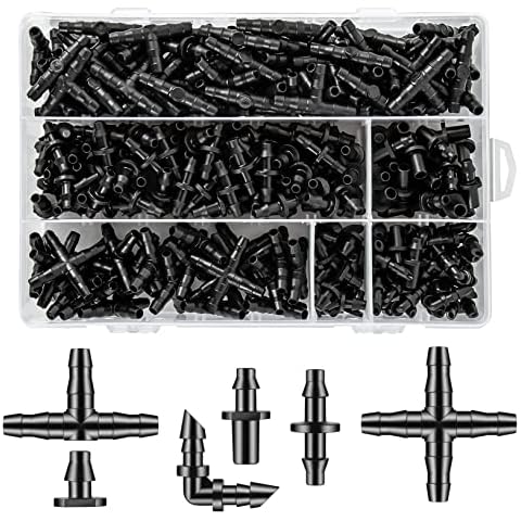 Unoutur 300 Pcs Barbed Connectors Drip Irrigation Fittings Kit, 1/4" Drip Irrigation Kit for Garden Flower Pot Greenhouse Lawn (Straight Barbs,Single Barbs,Tees,Elbows,End Plug,4-Way Coupling) Cover