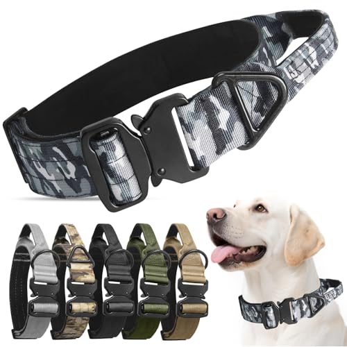 AKOFIC Collare Cane Tattico con Maniglia, Regolabile Collare per Cani Militare in Nylon con Fibbia in Metallo, Imbottito Collari per Cani di Taglia Media e Grande Addestramento (Mimetico-1, M)