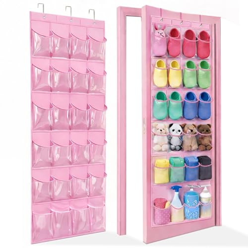 Bofoho Over-the-Door Kids Shoe Organizer, Pink Shoe Rack for Door, 24 Crystal Clear Pockets, Heavy-Duty Hanging Organizer, 3 Metal Hooks for Toddler Shoes