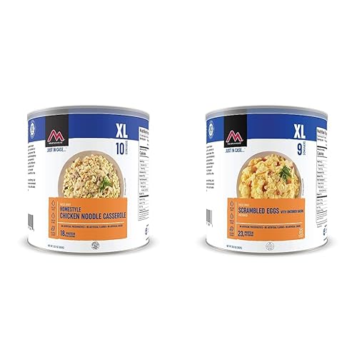 Mountain House Cazuela de fideos de pollo casera Supervivencia liofilizada y alimentos de emergencia Lata #10 y huevos revueltos con tocino