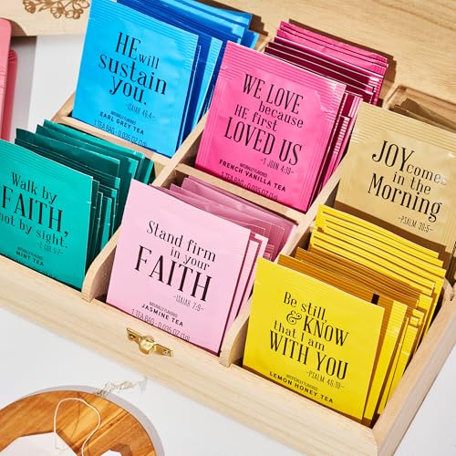 Image of Thoughtfully Gourmet, Christian Prayer Tea Gift Set with Bible Verses, Includes 90 Teas in 6 Flavors in Premium Wooden Box, Religious Gifts for Women, Mom, Sister, Friend