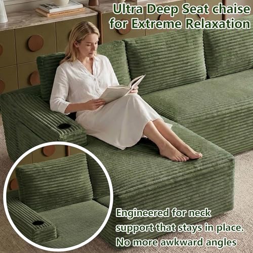 Image of 104.3 inch Modular Sectional Sofa,Modern Corduroy Cloud Couch with Cup Holder & Side Pockets,Boneless Couch Upholstered 3-Seater L-Shaped Sofa for Living Room,No Assembly (Green, Left-Facing Chaise) | with Cup Holder