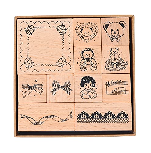 Cliocoo 11pcs Wood Rubber Stamp Set, Bear Tea Party Decorative Wooden Stamp Set, Cute Bear Bowknot Frame Stamp for Art Craft, Journal, Diary, Scrapbook, Planner, Letter, Card Making M-101(2-Bear Party)