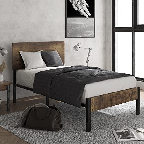 Hoomic Twin Size Platform Bed Frame With Wooden Headboard And Footboard, Rustic Country Style Mattress Foundation, Metal Slats, No Box Spring Needed, Easy Assembly, Noise Free, Black&Brown #TOP17