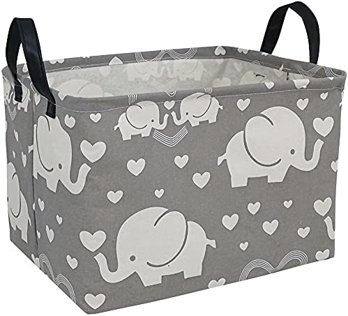 DUYIY Rectangle Canvas Storage Basket with Handle Large Organizer Bins for Dirty Laundry Hamper Baby Toys Nursery Kids Clothes Gift Basket (REC-Love Elephant)