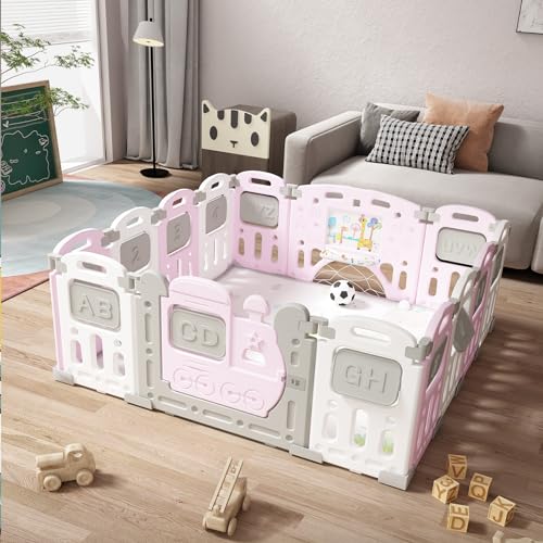 Image of Dawnwake Assembly-Free 14 Panel Playard, Baby Playpen Fence with Crawling Mat and Football for Baby Upto 8 Years with Safety Locking Door & Drawing Board (150 x 150cm, Foldable) -Pink
