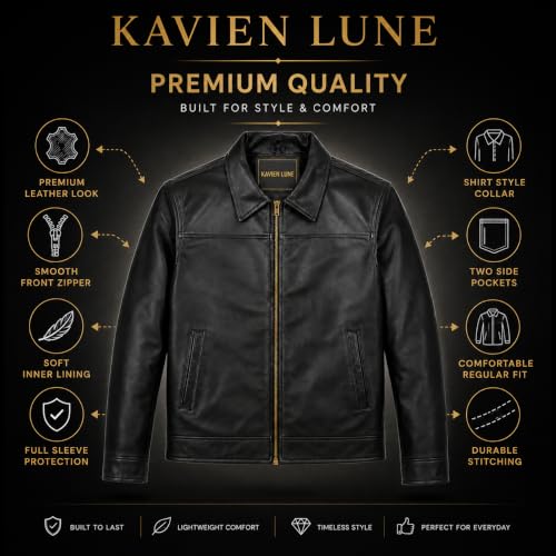 Image of Men's Faux Leather Jacket for Men | Classic Zip-Up | Casual Jacket with Shirt Collar | Full Sleeves & Side Pockets | Black