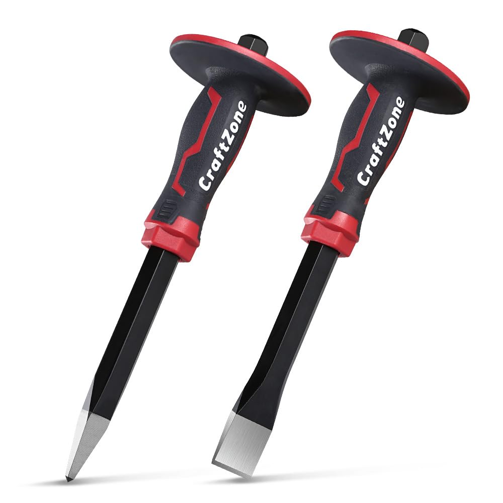 Masonry Chisel Set - 2-Piece Heavy Duty Pointed &amp; Flat Rock Chisels, Concrete Stone Chisel with Hand Protection for Brick Breaking Carving Splitting Cutting Mason Tools