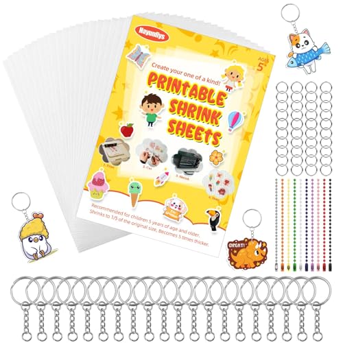 Hayunfiys 150 Pcs Shrink Sheet Set Shrink Paper Keychain Set with 20 Pieces of Shrinkage Paper 130 PCS Keychain and Open Iron Ring for Kids Creative Craft Markers, DIY Jewelry or Creative Crafts