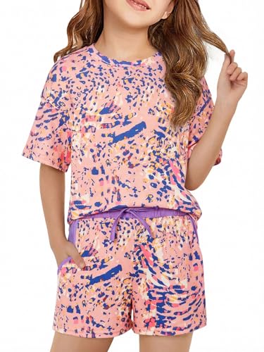 Image of Haloumoning Girls Summer 2 Piece Outfits Kids Oversized T Shirts and Shorts Clothing Sets 5-14 Years