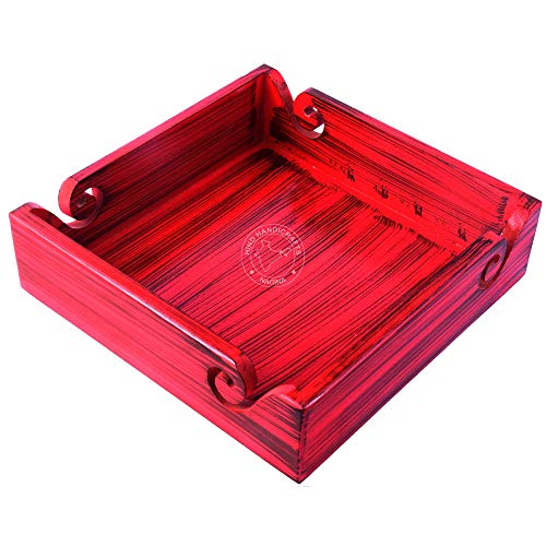 Image of Solid Dark Handmade Crafted Wooden Portable Antique Yarn Storage Bowl Tray - Holder for Knitting Crochet Hook Accessories - Multipurpose Organiser (Teak Red, 10 inch x 10 inch x 2.5 inch)