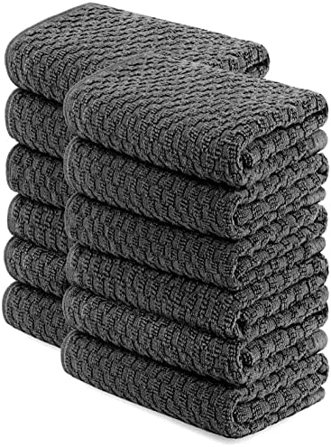 [12 Pack] Kitchen Dish Hand Towels, 100% Cotton Dobby Weave, 410GSM Absorbent Terry Cleaning Cloth, 15x26, Grey