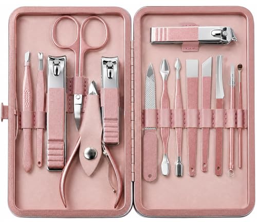 Utopia Care - Manicure Kit for Women and Men, 16 Pcs Manicure Set with Nail Clippers, Fingernail & Toenail Clippers, Pedicure Kit Stocking Stuffers with Travel Case, Stainless Steel - Pink