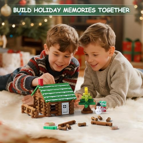 Image of SainSmart Jr. Wooden Logs Set 182 Pcs Building House Toy for Toddlers with Christmas Tree Logs, Classical STEM Construction Kit Compatible with Lincoln Logs for 3+ Kids