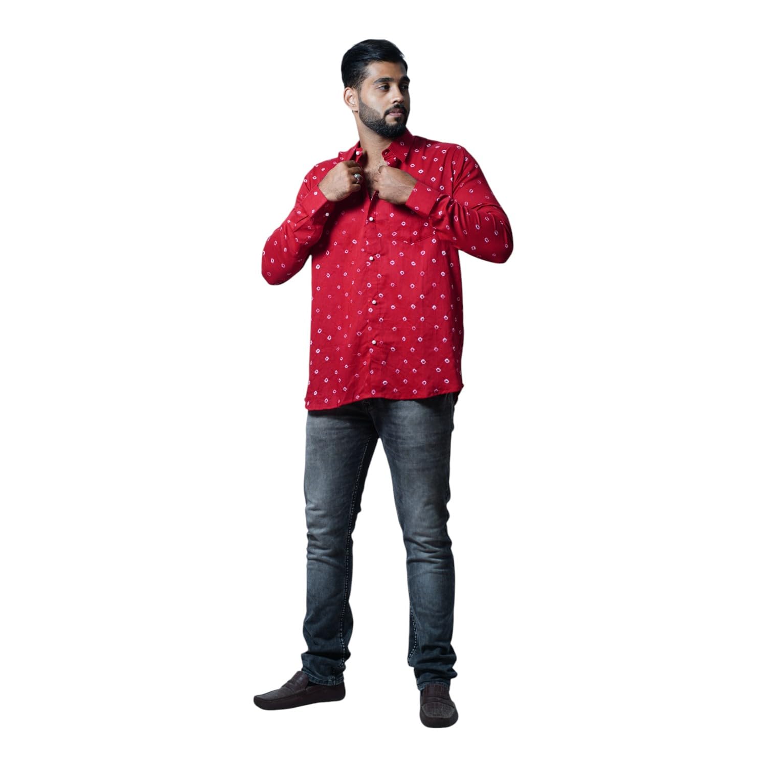 pretanshah Men's Dark Red Bandhani Cotton Shirt – 100% Breathable Cotton, Traditional Tie-Dye Print, Chest Pocket, Lightweight, Modern Fit – Casual-picture-54