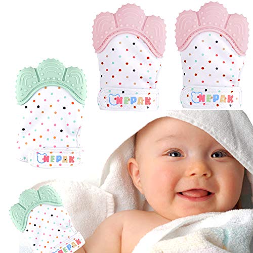 Image of NEPAK 4 Pcs Soothing Teething Mitten,Silicone Teething Mitt,Stimulating Teether Toy,Self Soothing Pain Relief,for 3-6 Months Baby (Mint Colours and Pink)