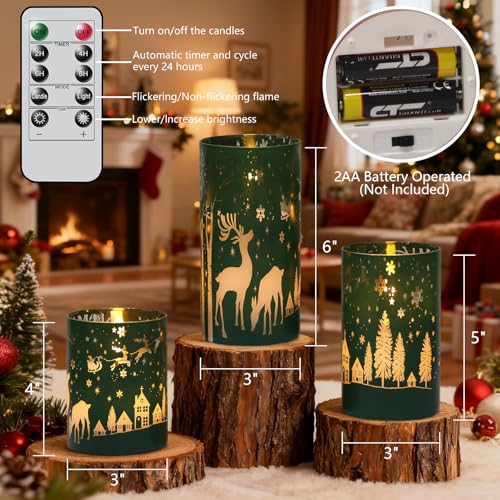 Image of Wondise Christmas Reindeer LED Flameless Candles with Remote Timer, Electroplate Glass Battery Operated Real Wax Flickering 3D Wick Pillar Candles for Christmas Holiday Home Decoration