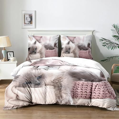 Yzehomijia Housses de Couette Chat 140×200 cm,Enfant Parure de lit imprimé Chat 3D, 1 Housse de Couette en Microfibre Rose + 2 taies d'oreiller 65×65 cm.(Cat3×140
