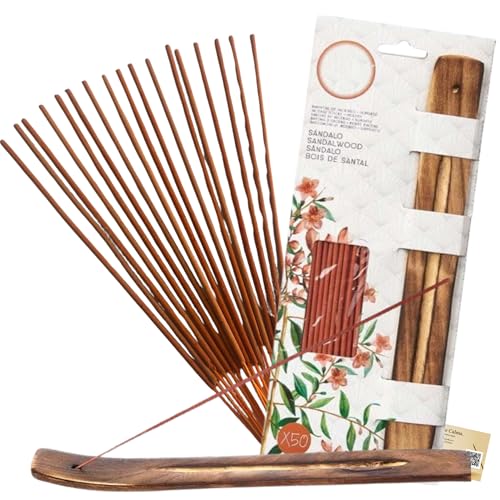 Incienso Natural Sándalo, 50 Varillas Premium Orgánico y Ecológicas, Inciensos Naturales Artesanales, Aromaterapia para Relajación, Meditación y Limpieza Energética, con Quemador Incluido.