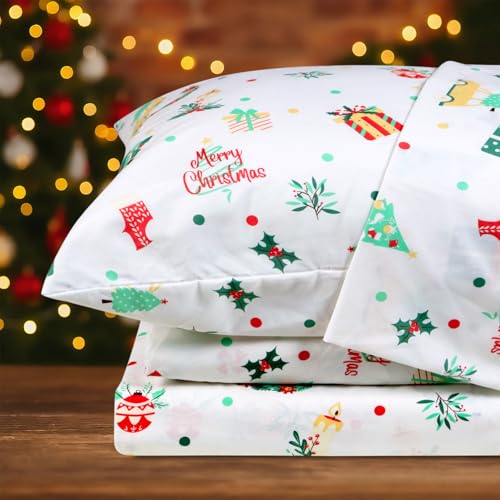 HITIME King Size 4-Piece Christmas Sheet Set - Ultra Soft & Breathable Polyester Bed Sheets, All Season Cooling Bedding with Deep Pockets, Wrinkle & Fade Resistant (Christmas Tiny Pattern)