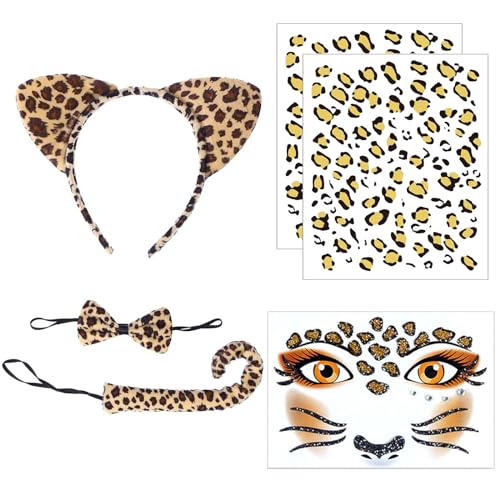 Conjunto de disfarce de leopardo, leopardo disfarce Set, diadema com orelhas de leopardo conjunto orelhas gravata-borboleta, diadema de leopardo, flash autocolantes temporários leopardo, carnaval