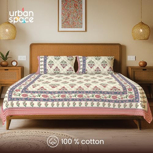 Image of Urban Space 100% Cotton Handcrafted Premium Printed Double Size Bedsheet with 2 Pillow Covers, 240 TC Cotton Double Bedsheet (90 x 100 Inches, Amberjaal Pink)