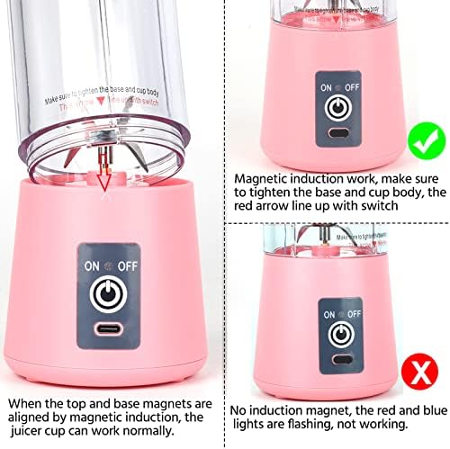 Portable Blender, Gmoher Smoothie Juicer Cup, Mini Personal Blender for Smoothies and Shakes - 380ml, 13oz USB Rechargeable Blender with Six Blades, Home Travel Blender Handheld Fruit Juicer (Pink)