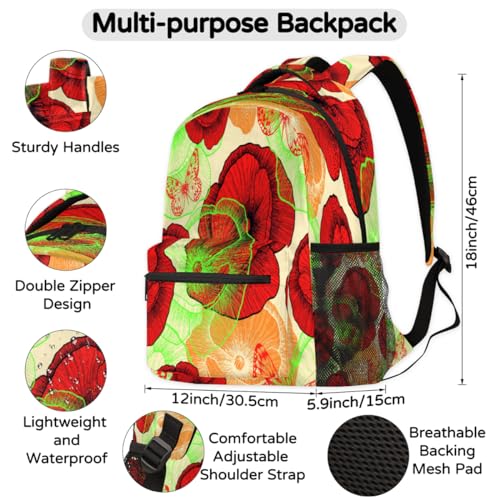 Sac à dos coquelicot rouge grand format pour ordinateur, école et randonnée