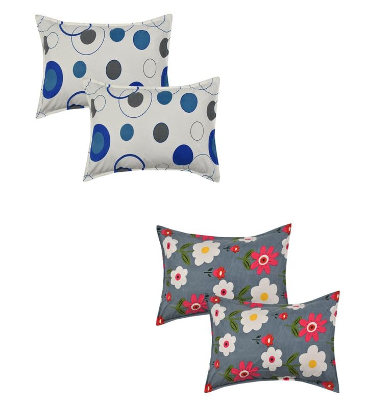 Luxury Trends Present Floral Designer Pattren Printed 4 Piece 100% Pure Cotton Pillow Cover Set- 20" X30" Inches, King Size - White Grey & Pink