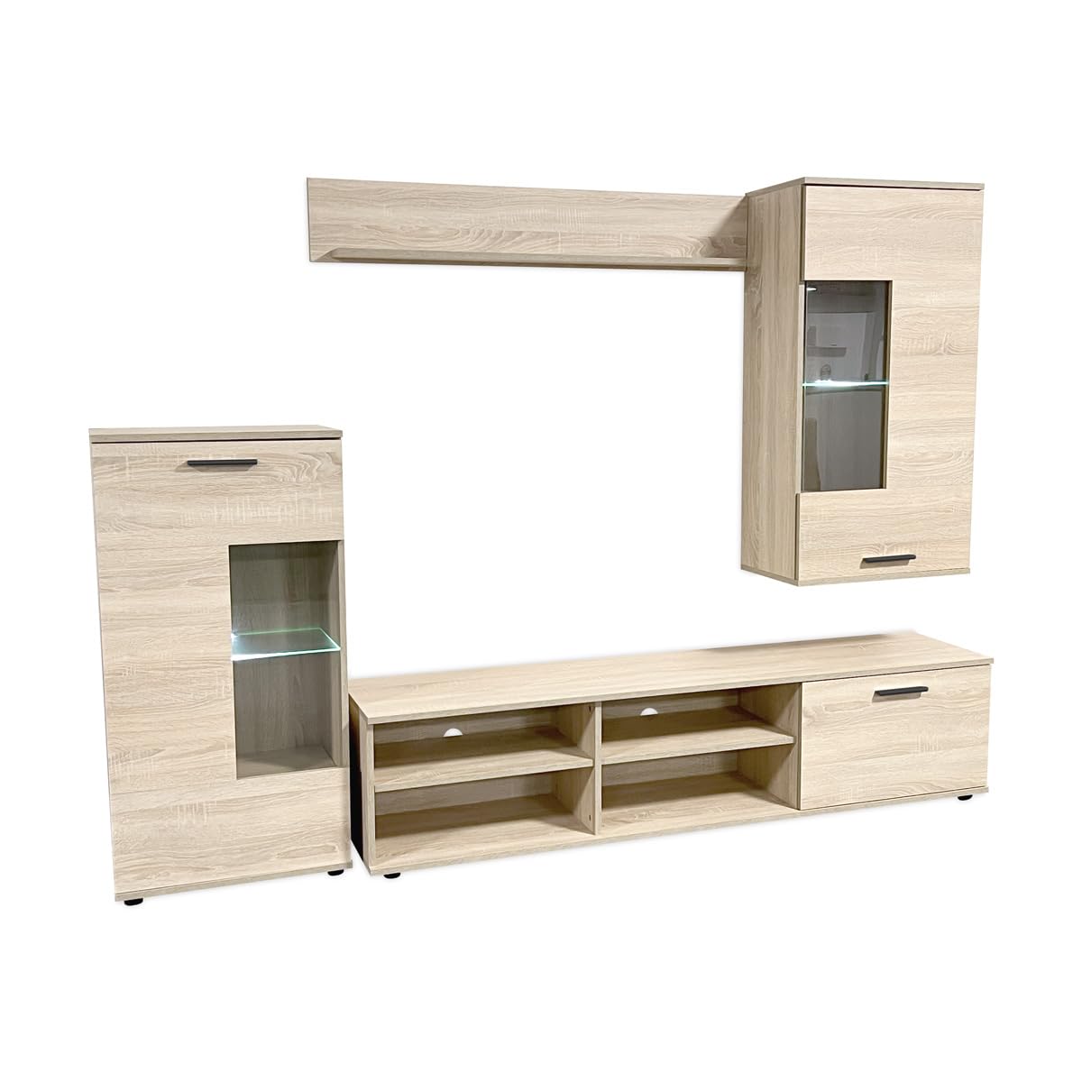 Homey - Mueble de Salón Moderno con Leds, Módulos de Comedor, Modelo Alba, Acabado en Cambria, Medidas: 229 cm (Ancho) x 200 cm (Alto) 38 cm (Fondo)