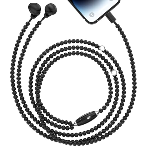 XNMOA for Wired Headphones Beaded Black iPhone Headphones Wired Earphones Earbuds with Mic Volume Controller Magnetic Lock Pearl Corded Plug-in Earbuds for iPhone 14 13 12 11 Pro Max X XS XR 8 7 Plus