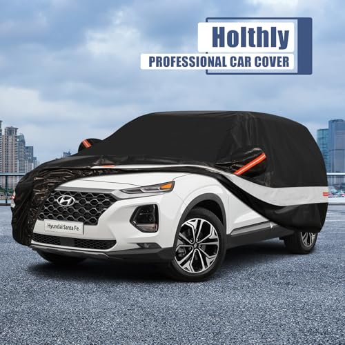 Image of Holhtly Car Cover Custom Fit for Hyundai Santa Fe, Car Covers for Automobiles All Weather Waterproof Sun Snow Rain Wind Dust Protection, Outdoor Car Cover Black & Grey