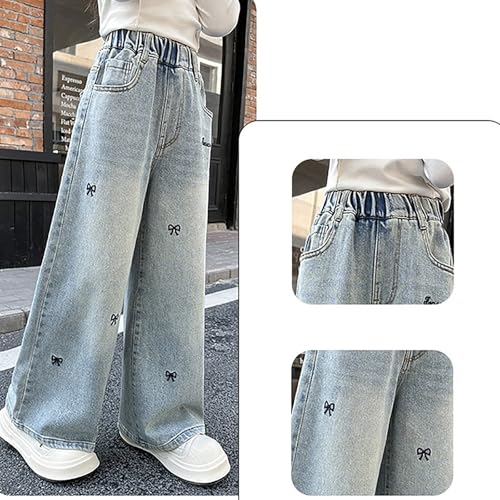 Girls Y2k Jeans Wide Leg Bow Embroidered Jeans Kids Casual High Waist Cute Denim Pants Streetwear with Pockets Fall4