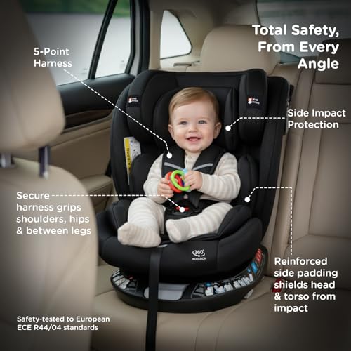 Image of Mee Mee Orbit 360 Rotatable Convertible ISOFIX Car Seat for 0-12 Years (0-36 kg) | Rear & Forward Facing | ECE R44 /04 Certified | 5-Point Safety Harness | Adjustable Recline & Headrest | Model Name: Orbit | Black