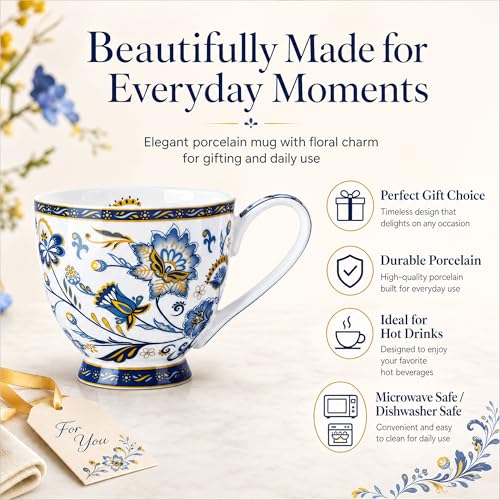 Taza de porcelana ósea floral 16 oz azul miniatura 2