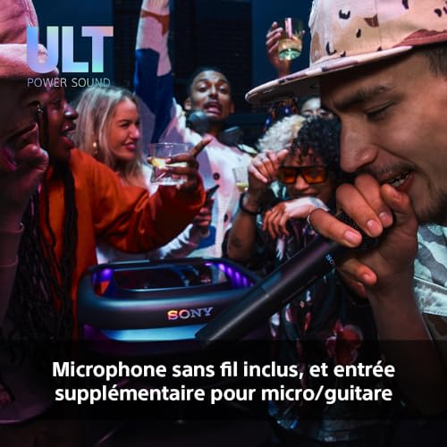 Sony ULT Tower 10 Power Sound - Enceinte Festive Party Box Ultra Puissante, Bluetooth, Modes Deep Bass & Attack Bass, Eclairage 360°, Micro sans Fil Inclus, Facile à déplacer, Roues pivotantes - Noir
