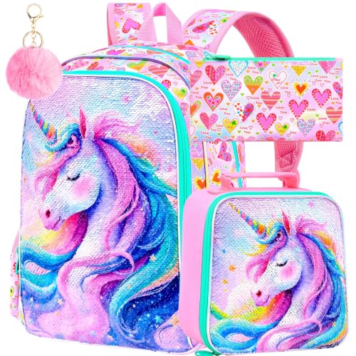 Image of CCJPX 3Pcs Unicorn Backpack for Girls, 16 inch Sequin Bookbag with Lunch Box, Lightweight Toddler School Bag for Elementary Kindergarten Preschool (Pink)
