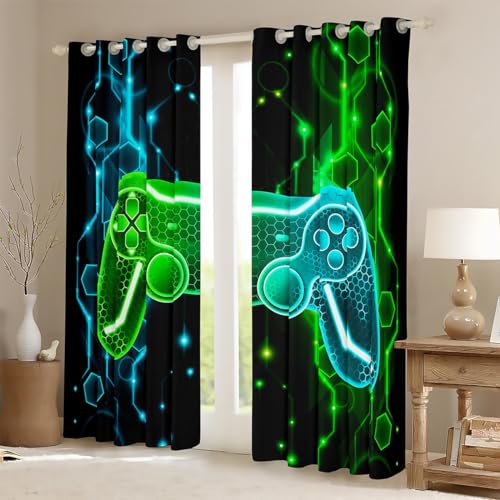 Homemissing Kids Gamer Curtains for Bedroom Game Controller Darkening Drapes W46*L72 Boys Gaming Gifts 30%-50% Blackout Curtains Gamepad Pattern Green Teal Blue Window Treatments - Image 2