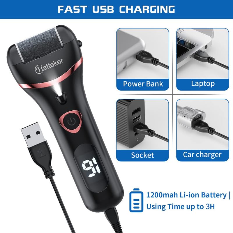 HATTEKER HT-555 Electric Callus Remover for Feet, Rechargeable Callus Remover Pedicure Tools 3 Roller Head & 2 Speed, Digital Display, Foot Care Pedicure Kit for Foot Dead Skin & Calluses, Black 3