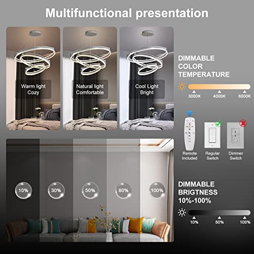 3-Rings D31.5’’ Modern Led Chandelier Silver Dimmable Pendant Lighting With Remote Control Circular Flush Mount High Ceiling Light For Living Dining Room Bedroom Foyer, 3000K-6500K Cct Changing #TOP1