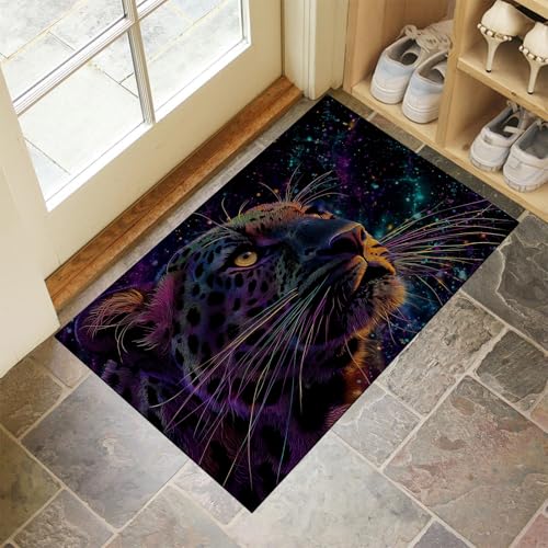 Image of DUOTCYELE Brown Washable Entryway Rug Indoor Door Mat, Galaxy Black Panther Rugs for Living Room, Non-slip Neon Art Animal Mats for Front Door Entrance Welcome Mat, 50 x 80 cm