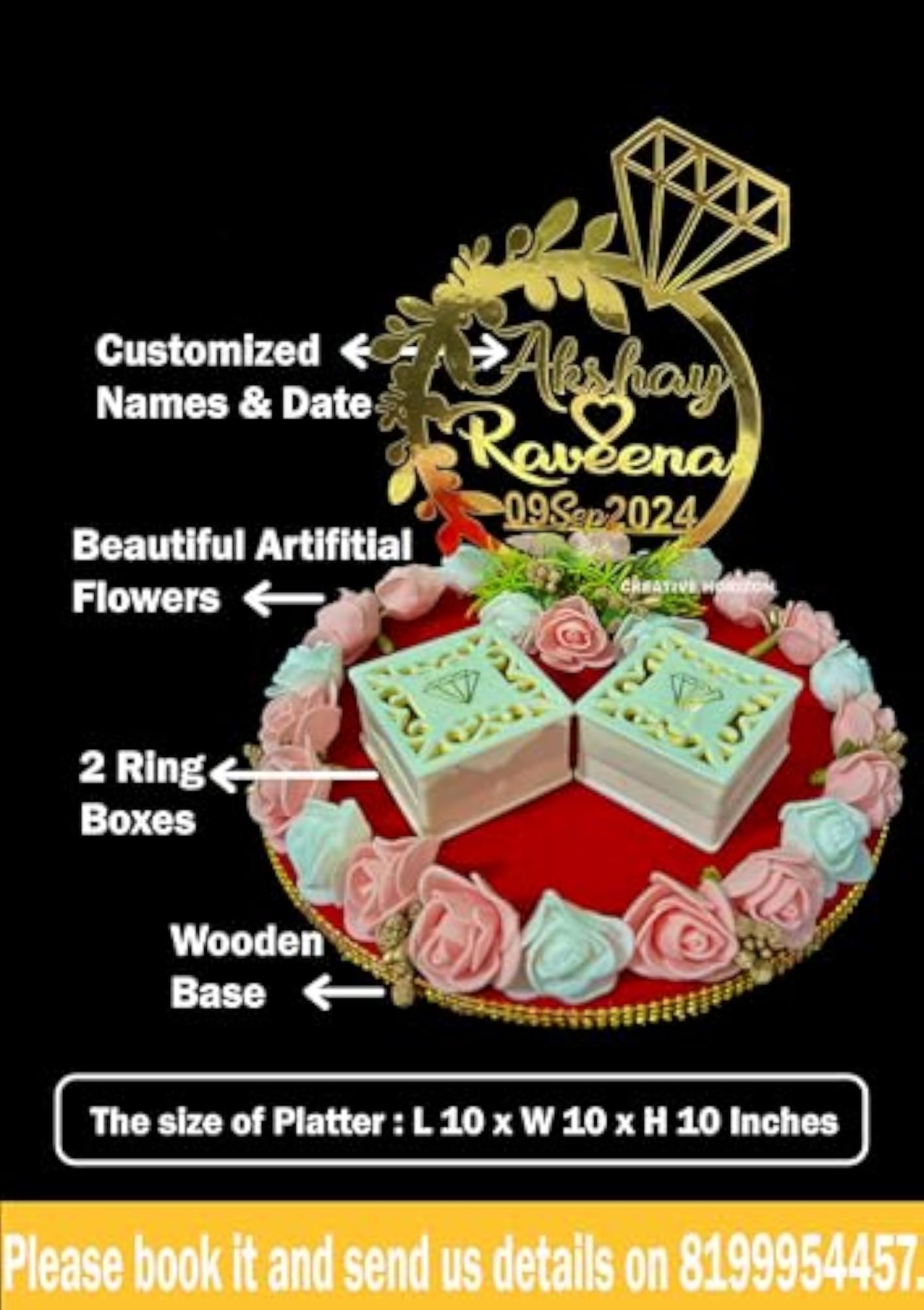 Personalized Name Multicolor Flower Design Engagement Ring Tray