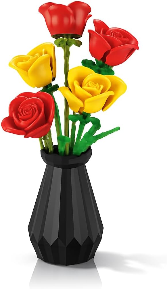 Flower Building Set Compatible with Lego Flowers for Adults, Roses Flower Bouquet botanicals Collection Unique Home Décor or Office Décor Great Gift for Her and Him (VASE Included) (Flowers Roses)