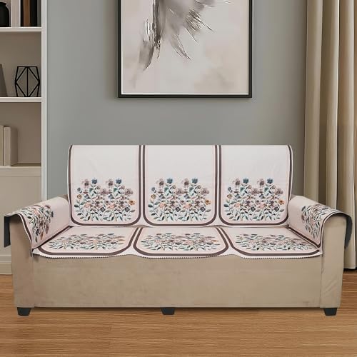 Image of Velvet 3 Seater Sofa Cover with 6 Seat and Back Covers, 2 Hand Rest Covers - Floral Design - Washable Fabric - Stylish Sofa Cover for Modern Living Room (Beige, 3 Seater With Arm Cover)