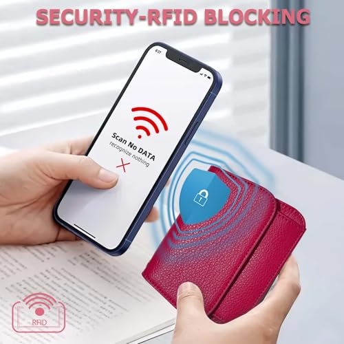 Image of Women Small Wallet RFID Blocking Slim Wallet with Coin Pocket Tri-Fold Credit Card Holder with ID Window and Keychain (Red)