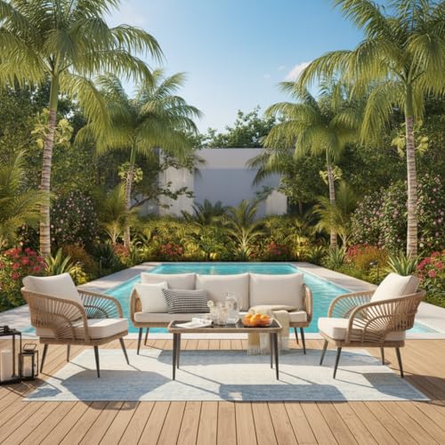 Image of LOCCUS 5-Seater Outdoor Rope Sofa Set - All-Weather Patio Conversation Furniture with Waterproof Cushions & Powder-Coated Frame, Garden & Balcony Seating for Terrace, Lawn, Backyard (Beige)