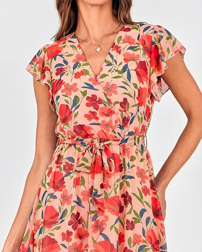 Image of BTFBM Women Summer Bohemian Floral Casual Wrap V Neck Ruffle Cap Sleeveless Belt A-Line Pleated Hem Midi Sun Dress White