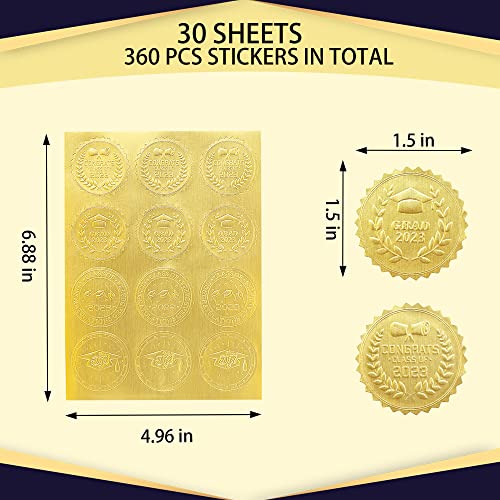 Lucleag 360 Pcs Embossed Graduation Envelope Seals Stickers, 2023 Gold Foil Self Adhesive Graduation Diploma Grad Hat Sealing Stickers For Envelopes Candy Graduation Party Favor Decal, 1.5 Inch #TOP1
