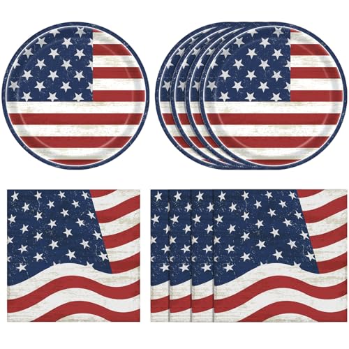 40Pcs 4th of July Party Supplies Set Patriotic Theme Kit for Independence & Election Day Decorations Includes Patriotic American Flag Plates Napkins for Flag Day & 4th of July Party Decorations